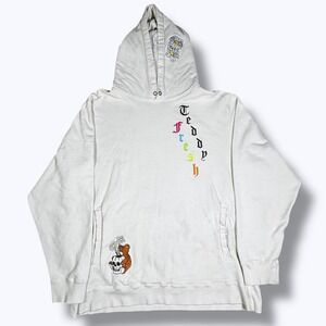 Teddy Fresh Hoodie XL White Daisy Skull Embroidered Streetwear Graphic Colorful